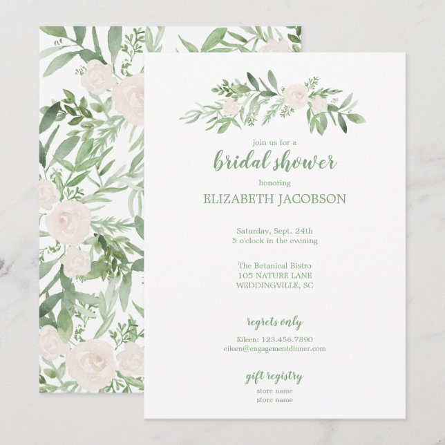 Elegante Wasserfarbe Elfenbeinfarben Rose Blumenko Einladung (Vorne/Hinten)