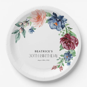 Elegante Wasserfarbe-Floral-30. Geburtstag Pappteller
