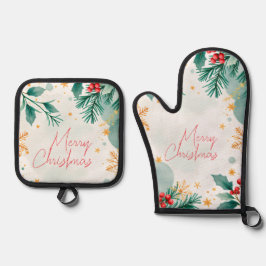 Elegante Wasserfarbe Frohe Weihnachten Ofenhandschuh & Topflappen-Set