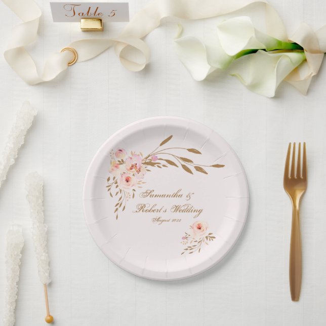 Elegante Wasserfarbe Gold Rosa Rosen Hochzeit Pappteller (Hochzeit)