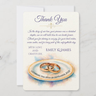 Elegante Wasserfarbe Goldene Rose Hochzeitsringe Dankeskarte