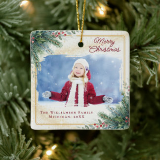 Elegante Wasserfarbe-Grün-Weihnachtsfoto Keramikornament