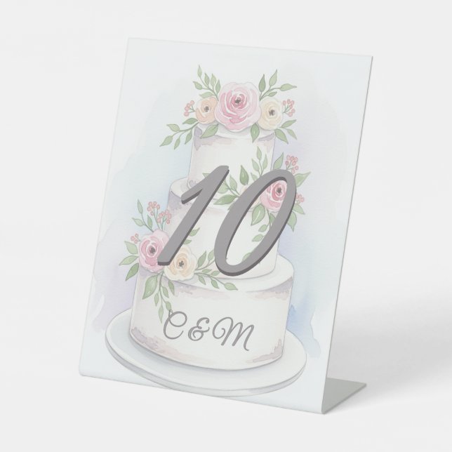 Elegante Wasserfarbe Hochzeitskuchen Tabletop Zeic Sockelschild (Vorderseite)