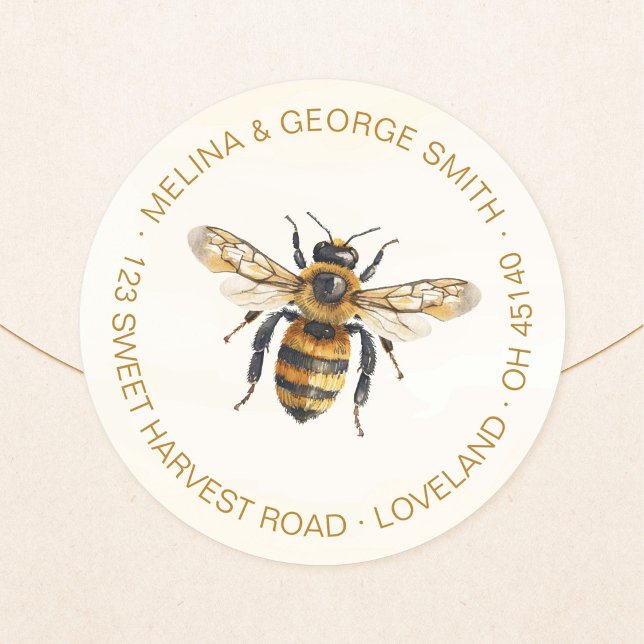 Elegante Wasserfarbe-Honigbiene-Rücksendeadresse Runder Aufkleber (Elegant watercolor honey bee round return address sticker. Honey bee address label.)
