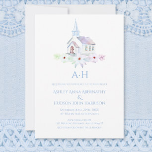 Elegante Wasserfarbe-Kirche-Floral-Monogramm-Hochz Einladung