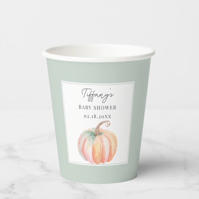 Elegante Wasserfarbe Kleine Pumpkin Baby Dusche Pappbecher (Vorderseite)