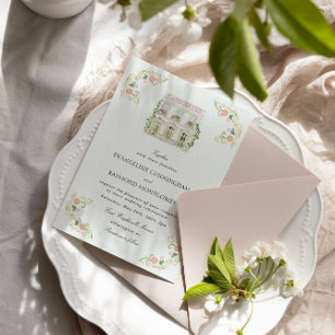 Elegante Wasserfarbe-Landsitz-Rokokohochzeit Einladung
