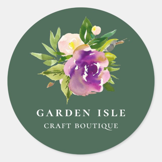 Elegante Wasserfarbe Lila Blumengrün Runder Aufkleber (Vorderseite)