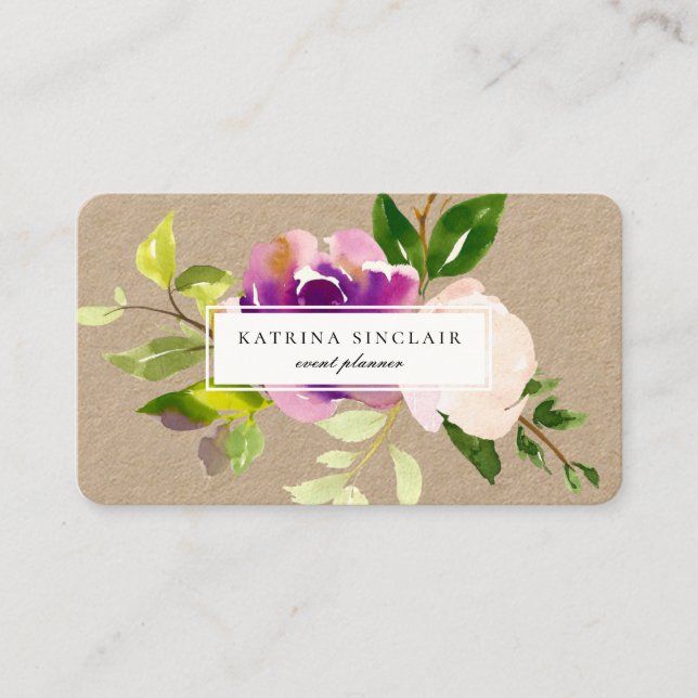 Elegante Wasserfarbe Lila Cassis Floral Kraft Visitenkarte (Vorderseite)