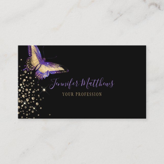 Elegante Wasserfarbe Lila & Gold Glitzer Schmetter Visitenkarte (Vorderseite)