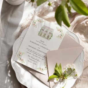 Elegante Wasserfarbe Manor Rokoko-Hochzeit Einladung
