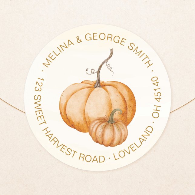 Elegante Wasserfarbe Orange Kürbisse Rücksendeadre Runder Aufkleber (Elegant, orange, watercolor pumpkin group return address round sticker. Pumpkin address label.)