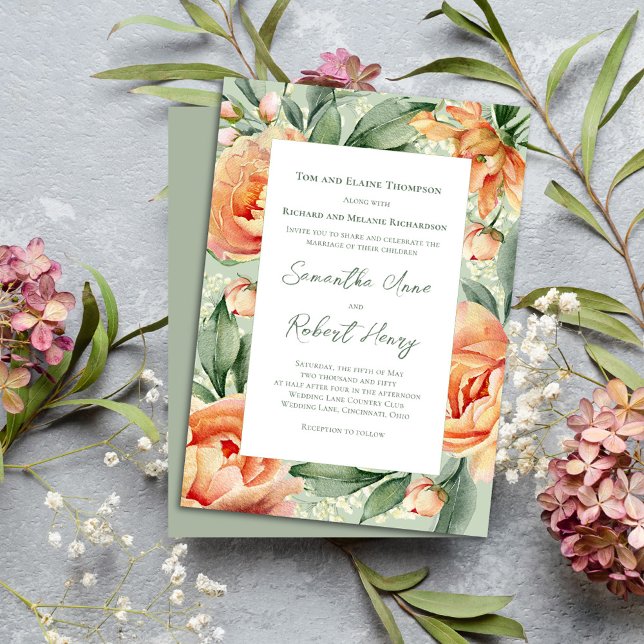 Elegante Wasserfarbe Peach Flora Hochzeit Einladung (Peach floral elegant invitation)