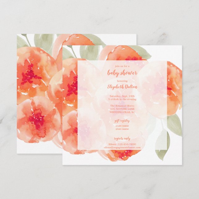 Elegante Wasserfarbe Peach Peonies Baby Dusche Einladung (Vorne/Hinten)