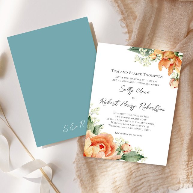 Elegante Wasserfarbe Peach Wedding Floral Blue Einladung (Peach floral elegant invitation)