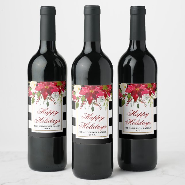 Elegante Wasserfarbe Poinsettia Urlaub gestreift Weinetikett (Flaschen)