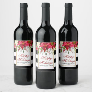 Elegante Wasserfarbe-Poinsettie-Feiertagsstreifen Weinetikett