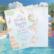 Elegante Wasserfarbe Poolparty 3. Geburtstag Mädch