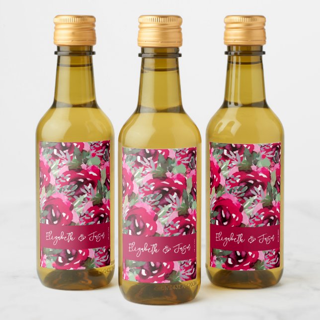 Elegante Wasserfarbe Rosa Blume Hochzeit Mini Weinetikett (Flaschen)