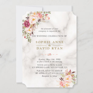 Elegante Wasserfarbe Rosa Blume Marmorhochzeit Einladung