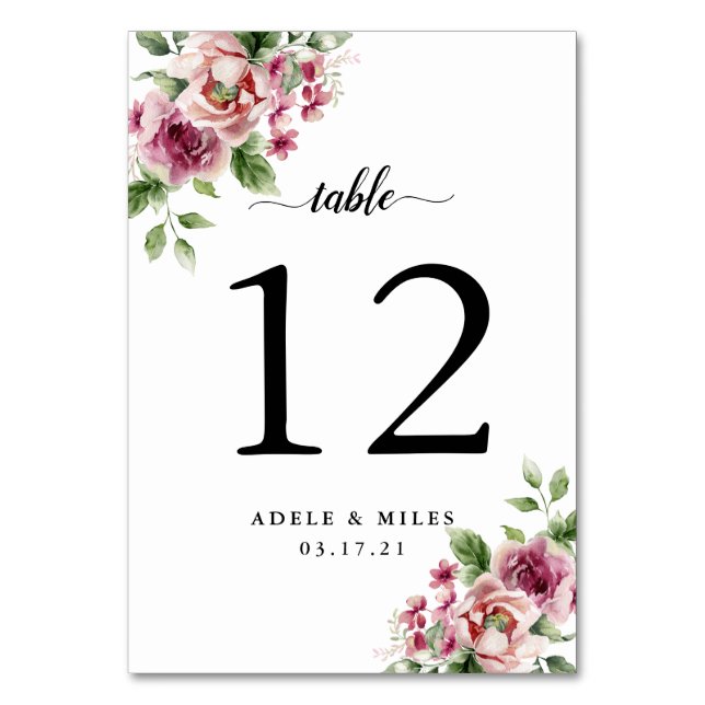 Elegante Wasserfarbe Rosa Bouquet Hochzeit Tischnummer (Vorderseite)