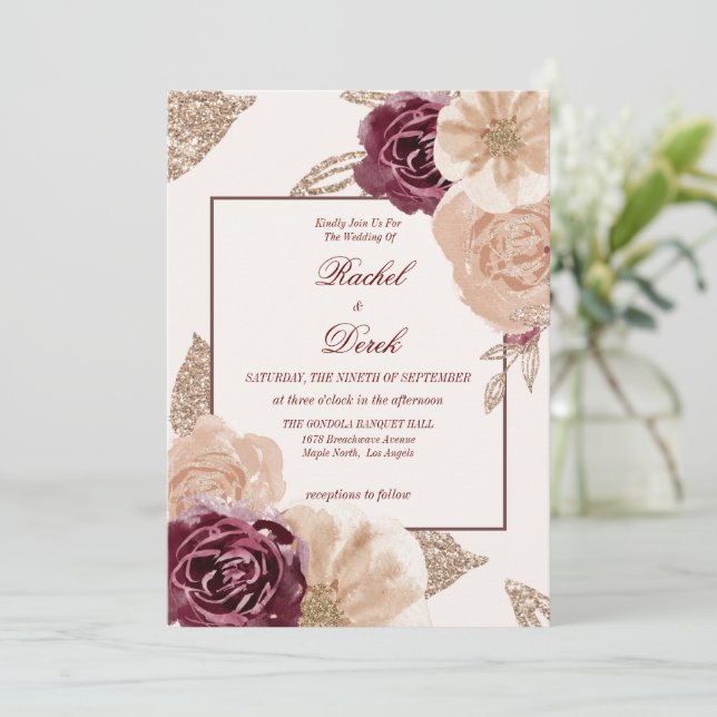 Elegante Wasserfarbe Rosa Burgund Blumenzwiese Einladung (Stehend Vorderseite)