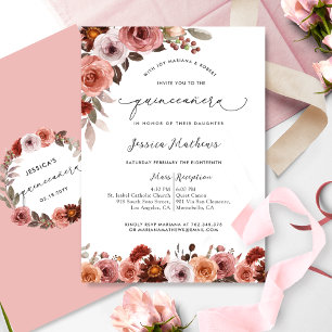 Elegante Wasserfarbe Rosa Flora Quinceñera Einladung