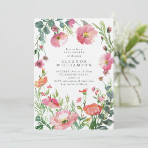 Elegante Wasserfarbe Rosa Florale Babyparty Einladung