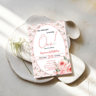 Elegante Wasserfarbe Rosa Girl 1. Geburtstag Einladung