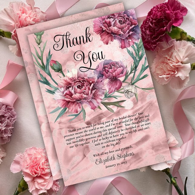 Elegante Wasserfarbe Rosa Nelken Danke (Elegant Watercolor Pink Carnations Thank You Card)