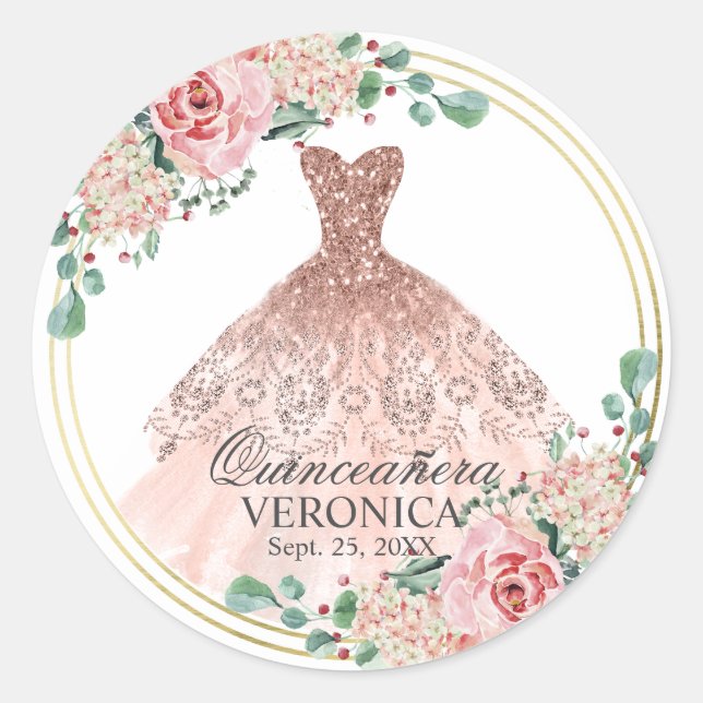 Elegante Wasserfarbe Rosa Spanische Quinceñera Qui Runder Aufkleber (Vorderseite)