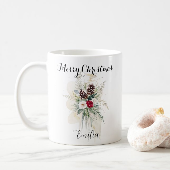 Elegante Wasserfarbe Rustikale Pine Blumen Weihnac Kaffeetasse (Mit Donut)