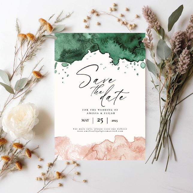 Elegante Wasserfarbe Save the Date Hochzeit Einladung (Elegant Save the Date card invitation with emerald green and blush pink watercolor borders)