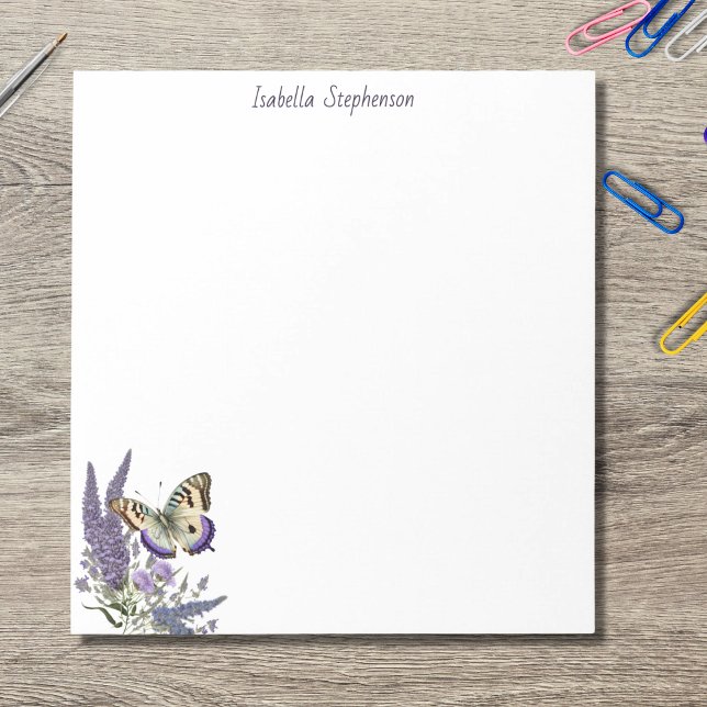 Elegante Wasserfarbe Schmetterling Lavendel Floral Notizblock (Von Creator hochgeladen)