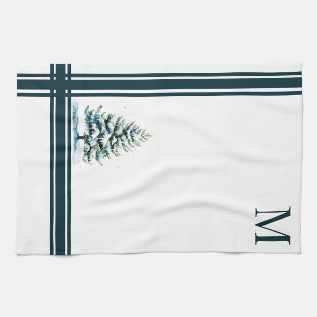 Elegante Wasserfarbe Schneewald Mit Monogramm Geschirrtuch (Horizontal)