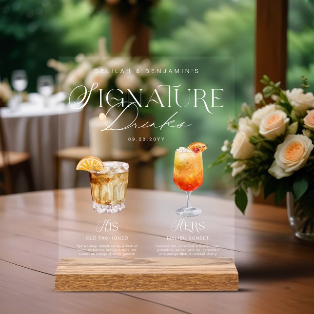 Elegante Wasserfarbe Seine Signature Drink Hochzei Acrylschild (Elegant Watercolor His Her Signature Drink Wedding Acrylic Sign)