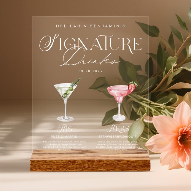 Elegante Wasserfarbe Seine Signature Drink Hochzei Acrylschild (Elegant Watercolor His Her Signature Drink Wedding Acrylic Sign)