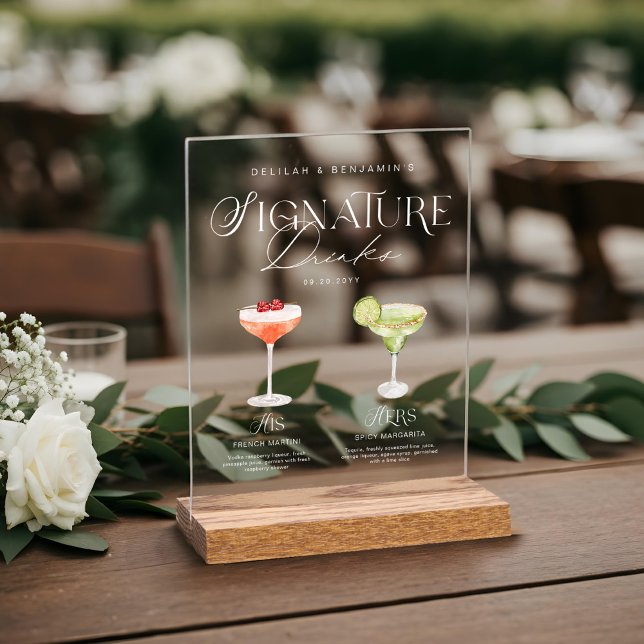 Elegante Wasserfarbe Seine Signature Drink Hochzei Acrylschild (Elegant Watercolor His Her Signature Drink Wedding Acrylic Sign)