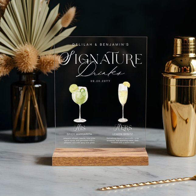 Elegante Wasserfarbe Seine Signature Drink Hochzei Acrylschild (Elegant Watercolor His Her Signature Drink Wedding Acrylic Sign)