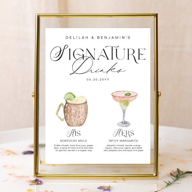 Elegante Wasserfarbe Seine Signature Drink Hochzei Poster (Elegant Watercolor His Her Signature Drink Wedding Poster)