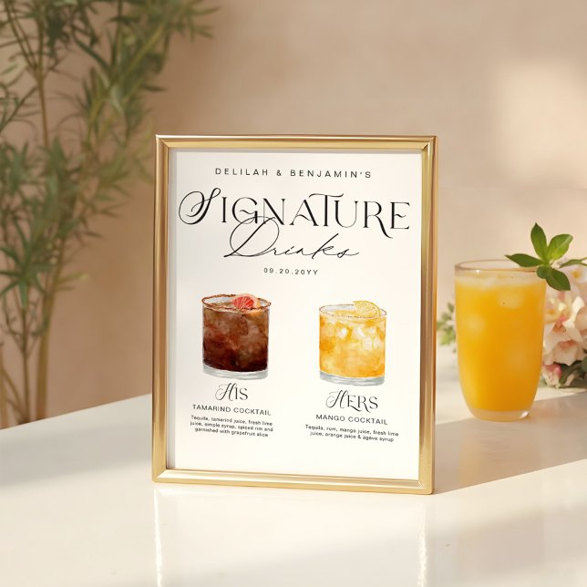 Elegante Wasserfarbe Seine Signature Drink Hochzei Poster (Elegant Watercolor His Her Signature Drink Wedding Poster)