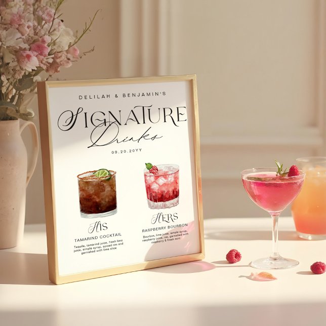 Elegante Wasserfarbe Seine Signature Drink Hochzei Poster (Elegant Watercolor His Her Signature Drink Wedding Poster)