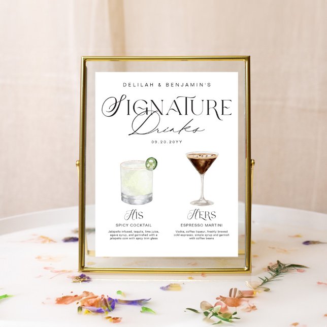 Elegante Wasserfarbe Seine Signature Drink Hochzei Poster (Elegant Watercolor His Her Signature Drink Wedding Poster)
