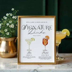 Elegante Wasserfarbe Seine Signature Drink Hochzei Poster