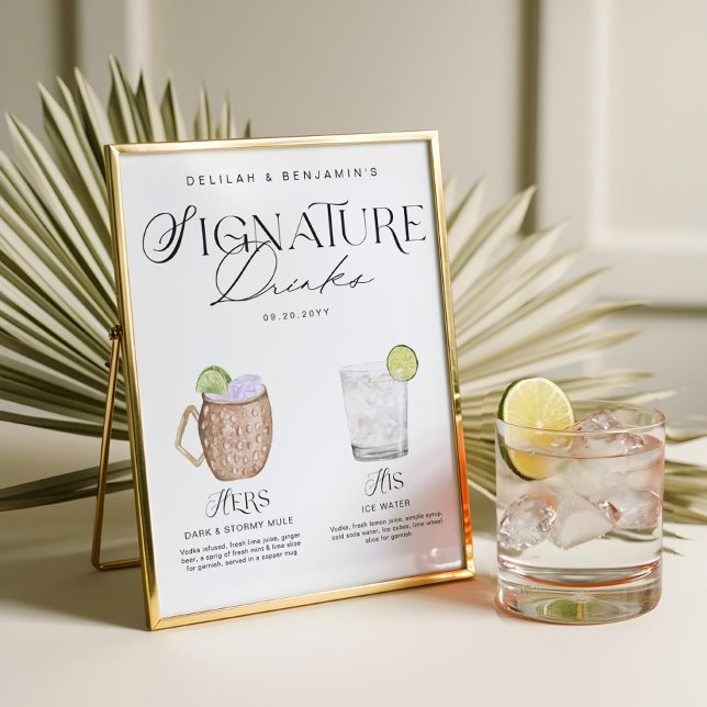 Elegante Wasserfarbe Seine Signature Drink Hochzei Poster (Elegant Watercolor His Her Signature Drink Wedding Poster)