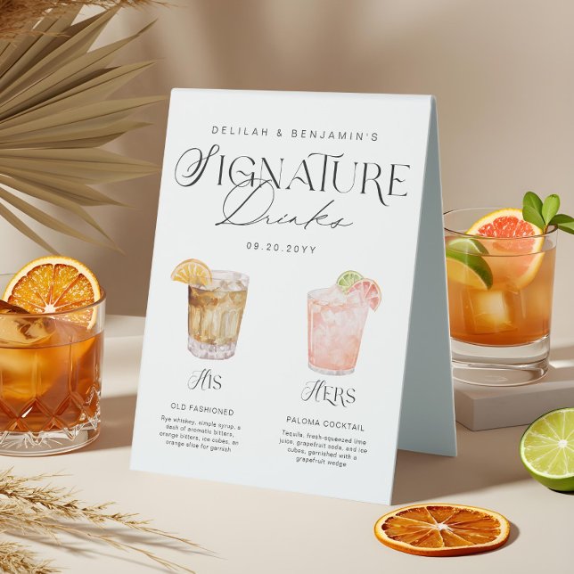 Elegante Wasserfarbe Seine Signature Drink Hochzei Tischaufsteller (Elegant Watercolor His Her Signature Drink Wedding Table Tent Sign)