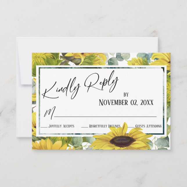 Elegante Wasserfarbe Sonnenblumen & Eukalyptus RSVP Karte (Vorderseite)