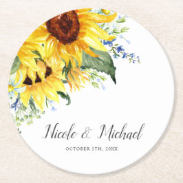 Elegante Wasserfarbe Sonnenblumen Personalisiert H Runder Pappuntersetzer