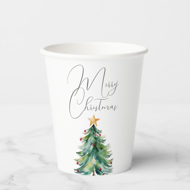 Elegante Wasserfarbe Weihnachtsbaum Frohe Weihnach Pappbecher (Vorderseite)