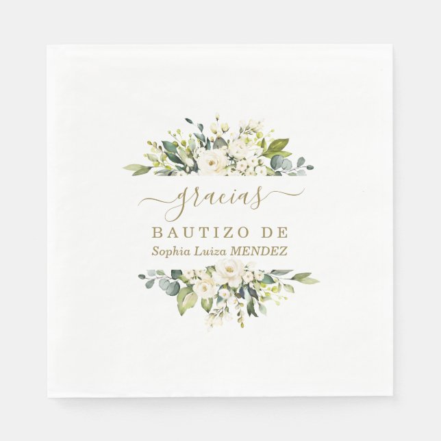 Elegante Wasserfarbe Weiße Blume Spanisch Bautizo Serviette (Vorderseite)